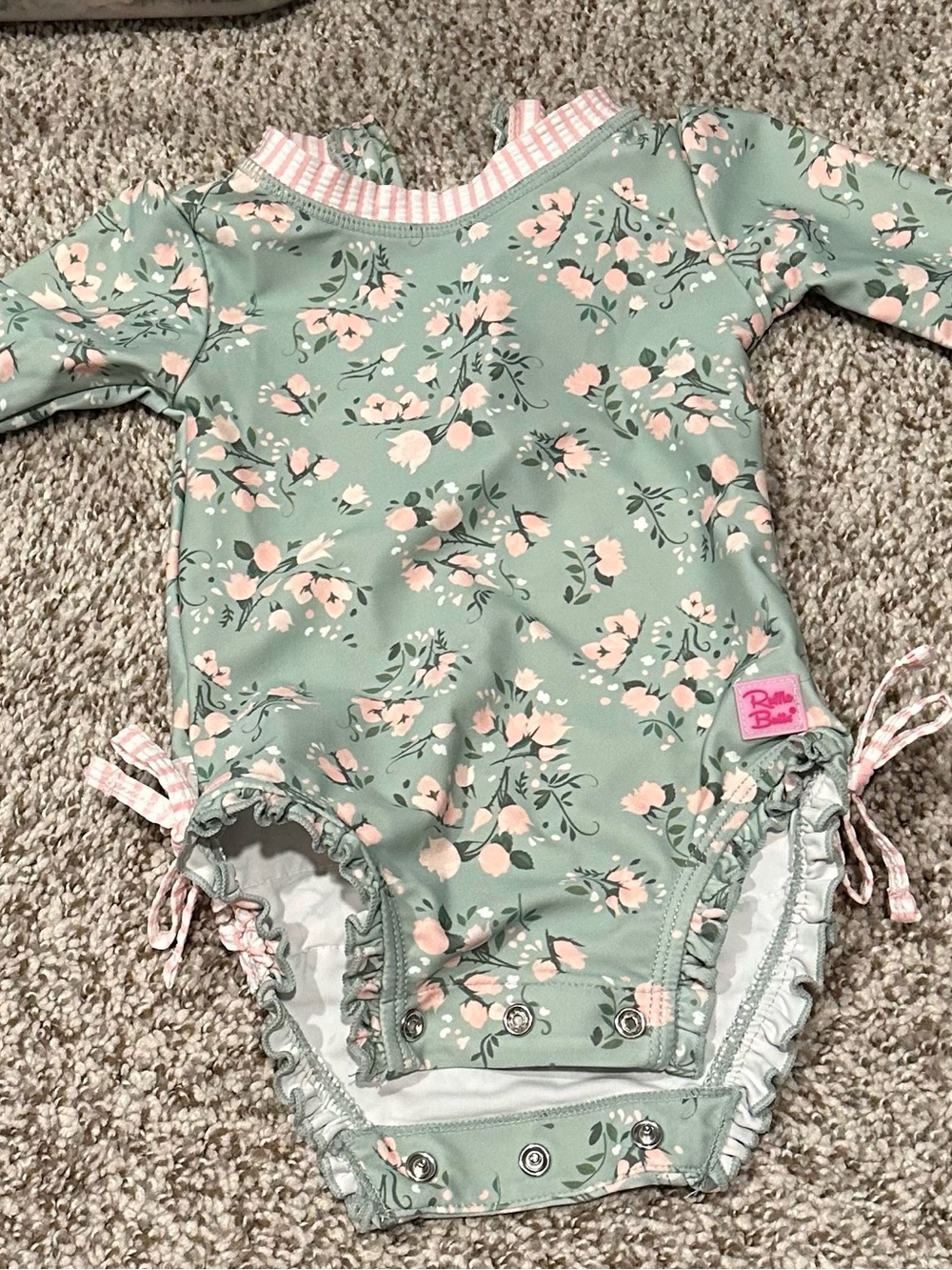 Ruffle Butts Mint and Pink Floral Long-Sleeve One-Piece